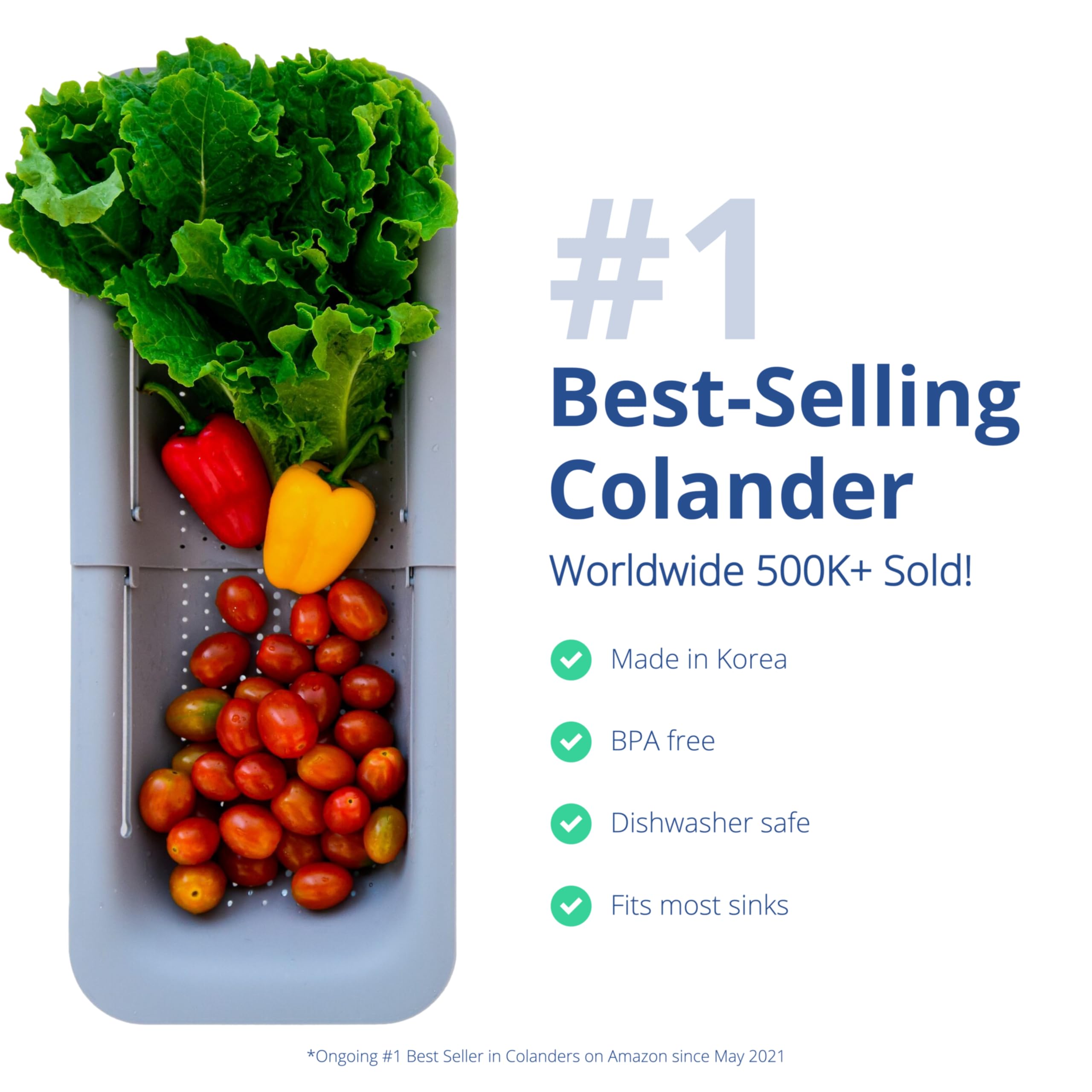BLUE GINKGO produce rinse basket helps drain fresh vegetables efficiently.