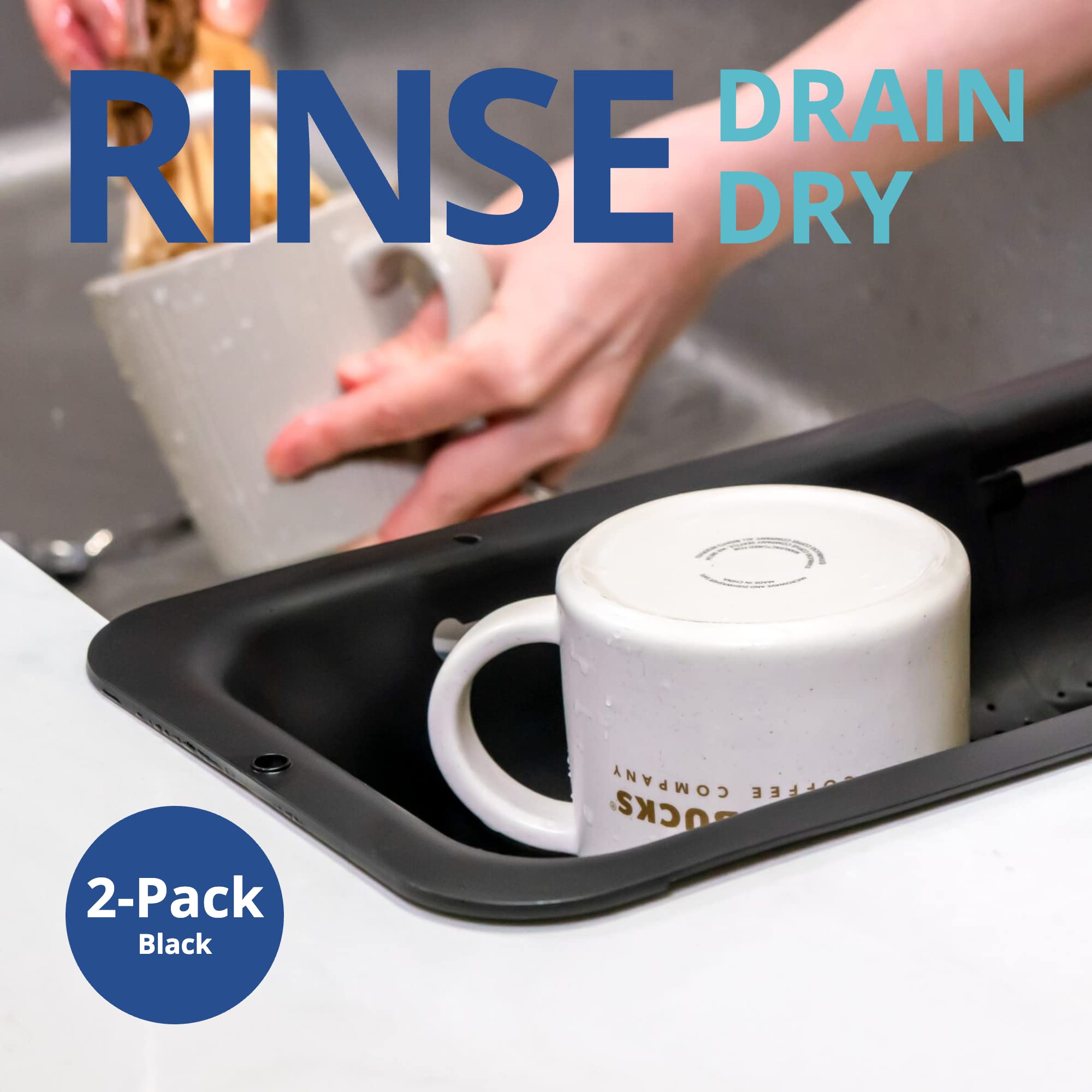 Blue Ginkgo colander stretched to 19 inches fits most sinks for versatile prep