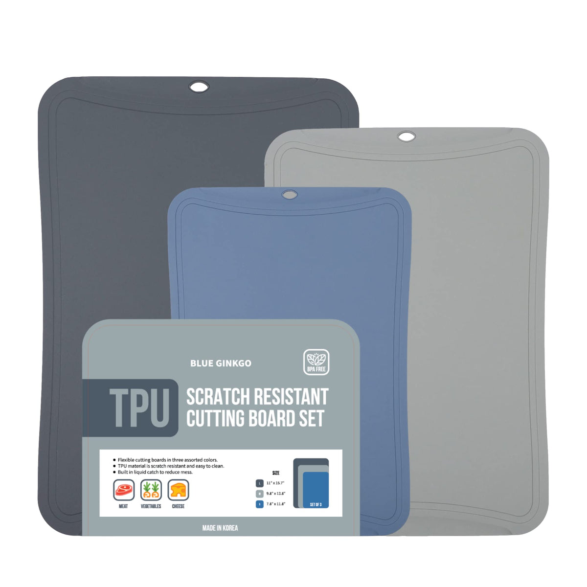 Blue Ginkgo TPU cutting mats set of 3, versatile prep surfaces for vegetables and herbs.