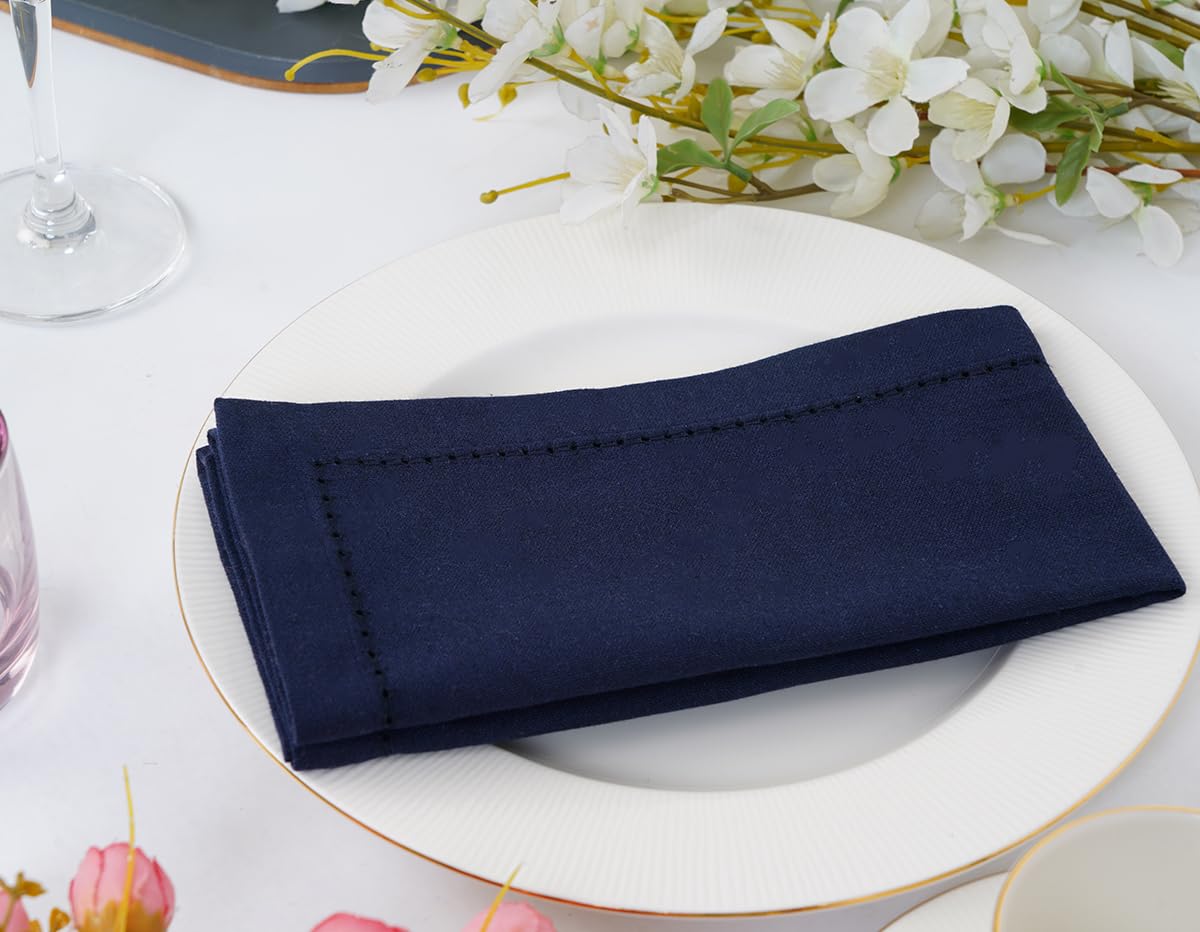 Blue Needles navy hemstitch napkins in a decorative basket for table styling