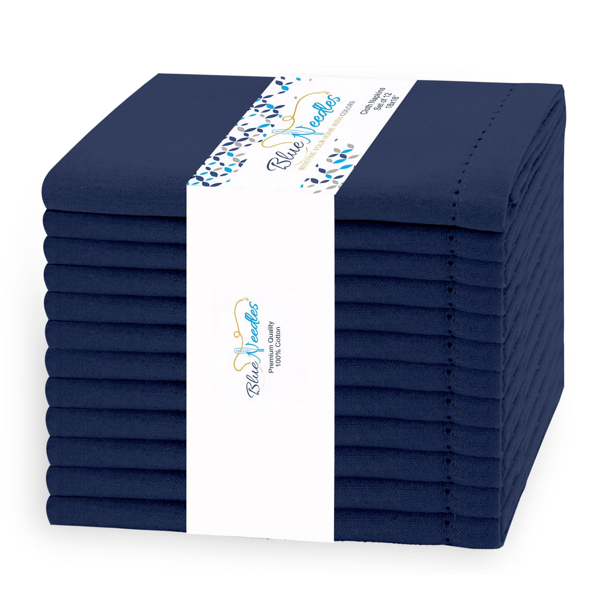 Blue Needles navy hemstitch napkins displayed on a table for elegant everyday dining