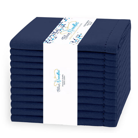 Blue Needles navy hemstitch napkins displayed on a table for elegant everyday dining
