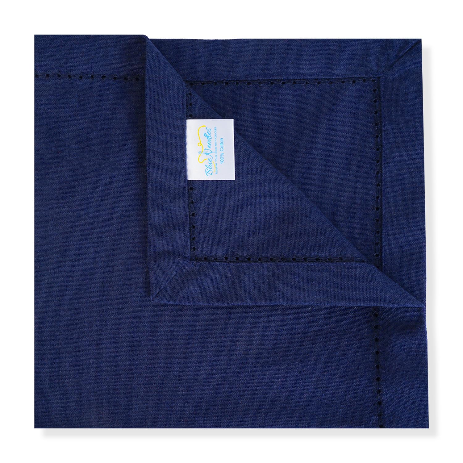 Blue Needles navy hemstitch napkins stacked and ready for serving or gifting