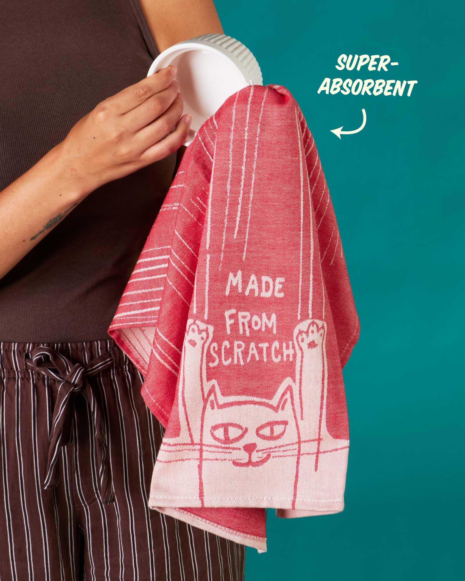 Blue Q Made from Scratch towel in machine-wash cycle shows easy care and color retention