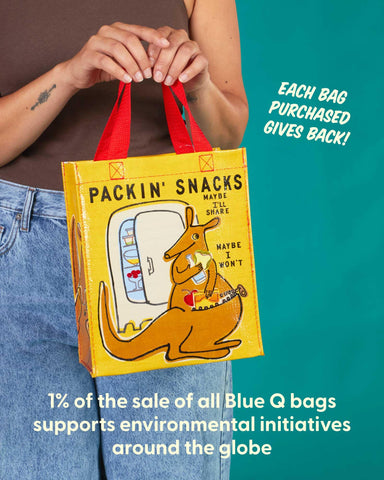 Blue Q Packin' Snacks Handy Tote dimensions show 10x8.5x4.5 inches capacity