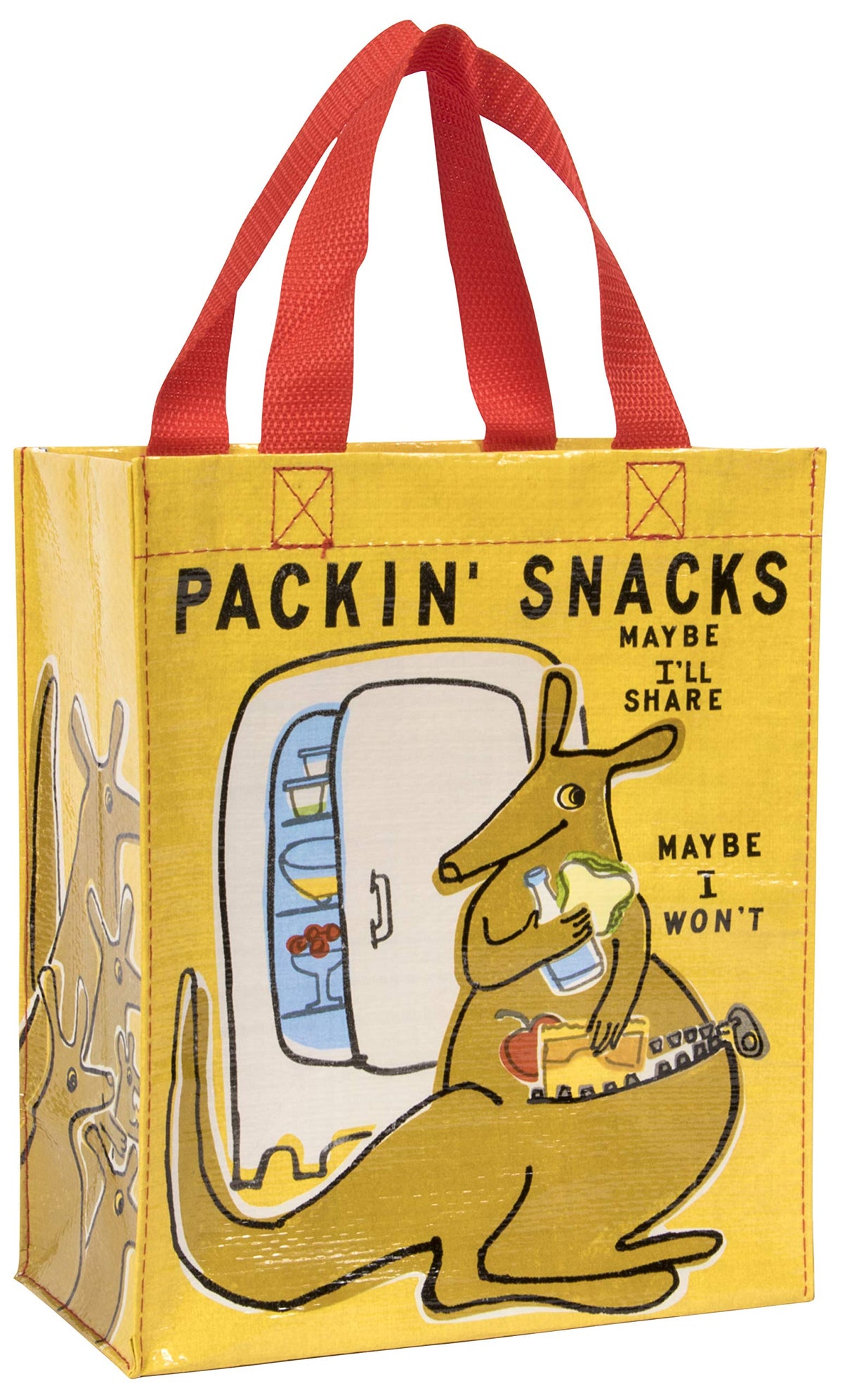 Blue Q Packin' Snacks Handy Tote front view shows a durable reusable lunch bag