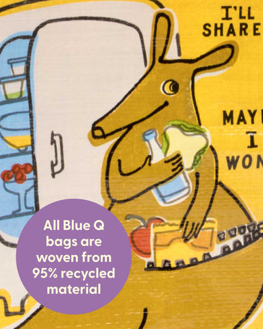 Blue Q Packin' Snacks Handy Tote open inside reveals spacious interior for snacks or gifts