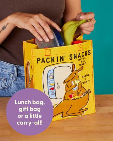 Blue Q Packin' Snacks Handy Tote recycled-material build highlights sustainability