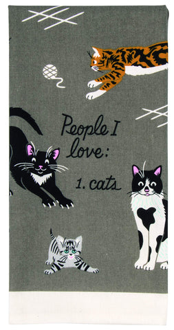Blue Q People I Love Cats dish towel with bold design for fun kitchen decor.