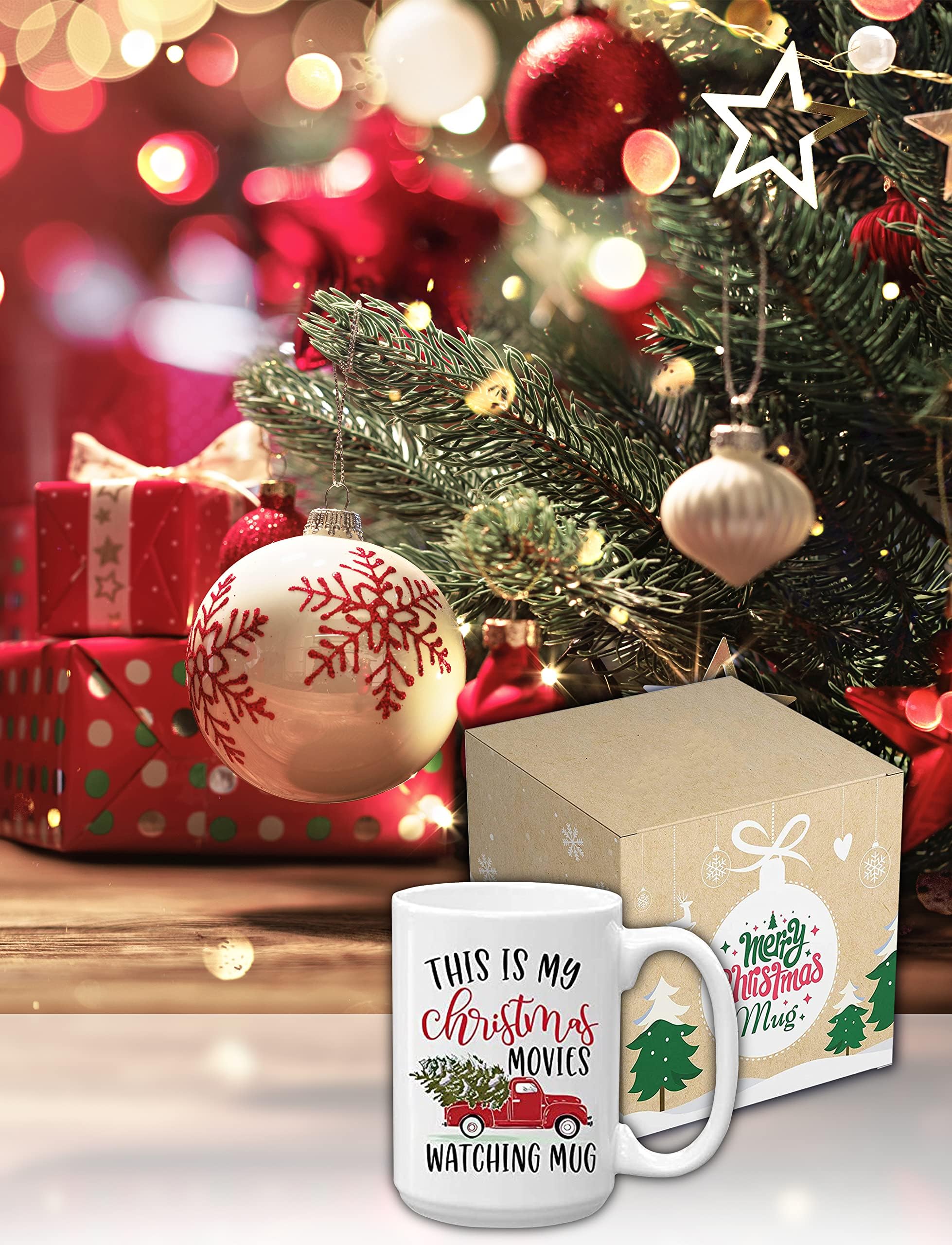 Blue Ribbon Christmas mug in a festive kitchen setting