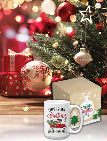 Blue Ribbon Christmas mug in a festive kitchen setting