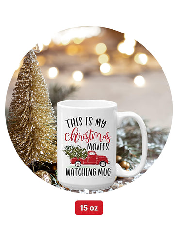 Blue Ribbon Christmas mug on a cozy table for movie nights
