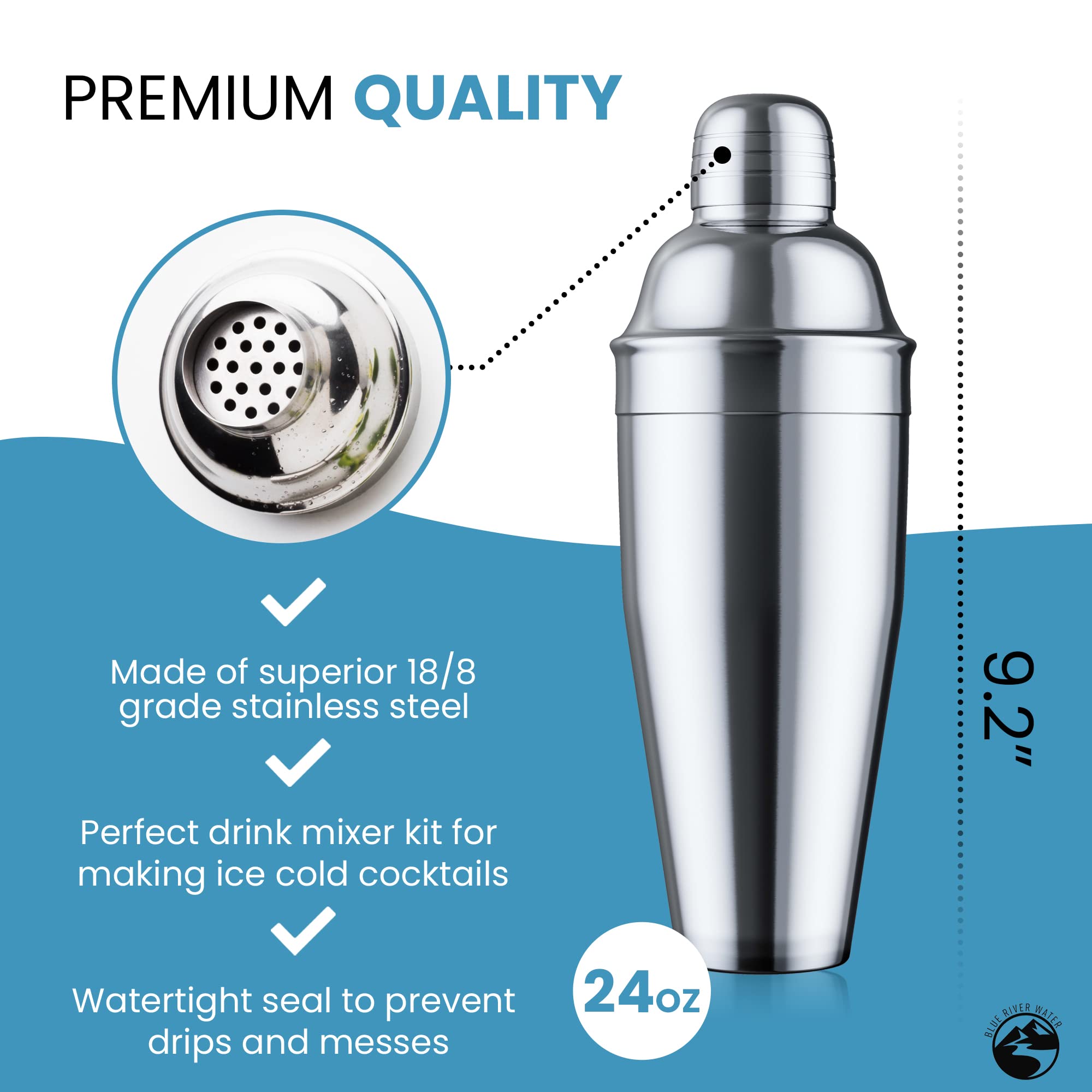 Blue River Water shaker, dishwasher-safe and rust-resistant