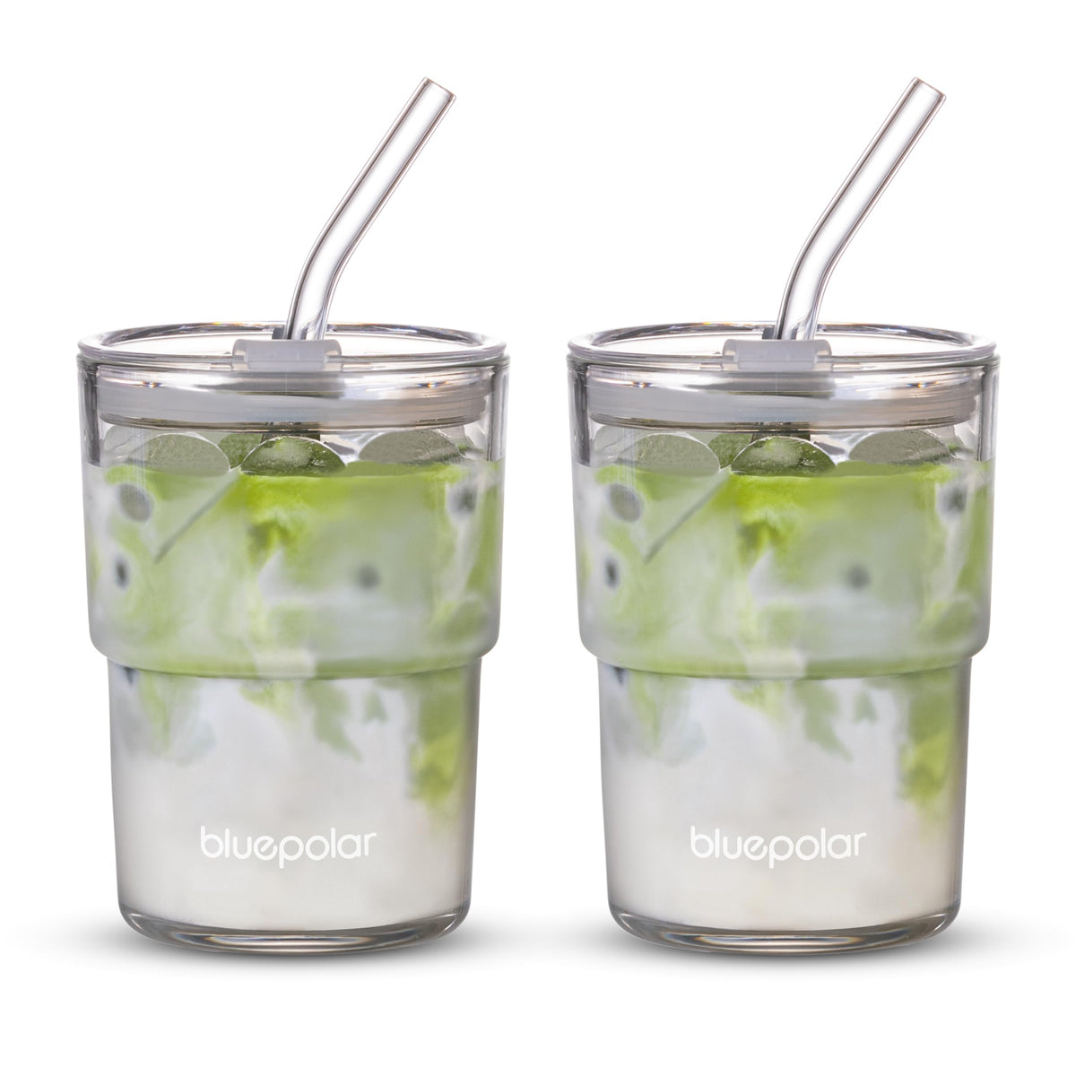 BLUEPOLAR 13oz glass tumbler with straw and lid for on-the-go iced coffee.