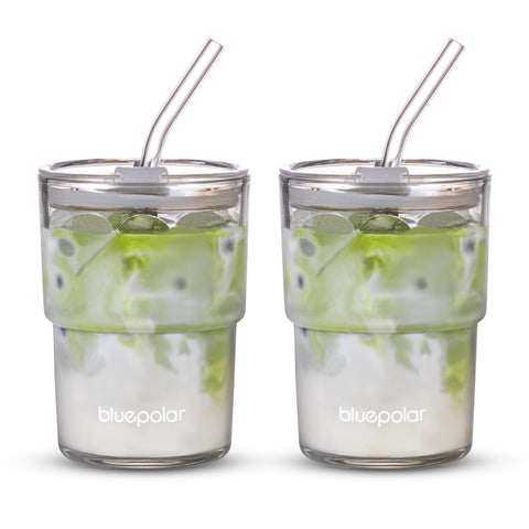 BLUEPOLAR 13oz glass tumbler with straw and lid for on-the-go iced coffee.