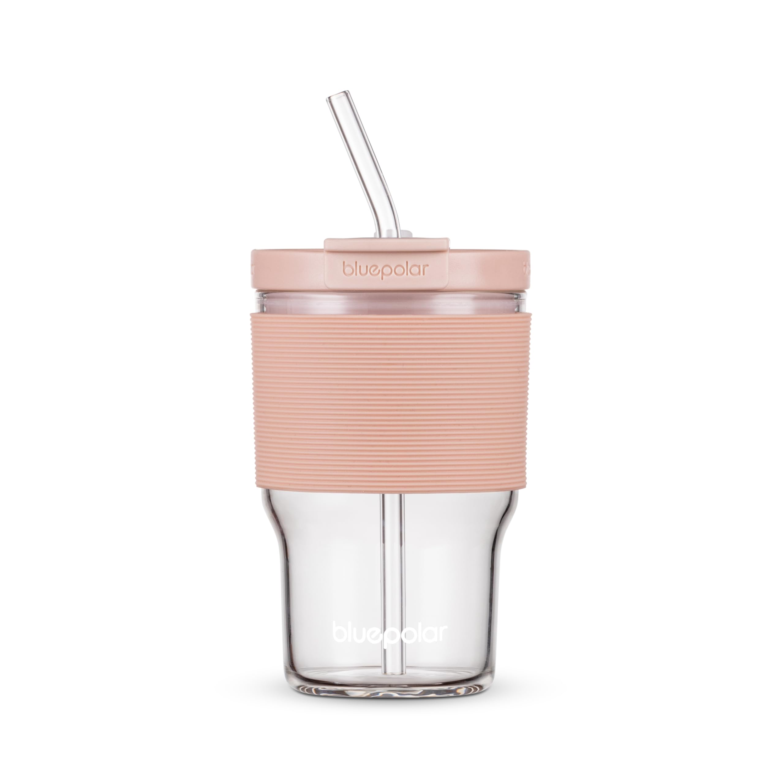 BLUEPOLAR glass bottle with pink sleeve and lid, ideal for on-the-go hydration.