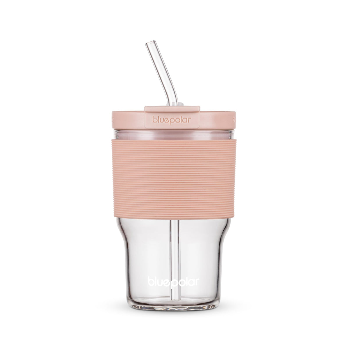 BLUEPOLAR glass bottle with pink sleeve and lid, ideal for on-the-go hydration.