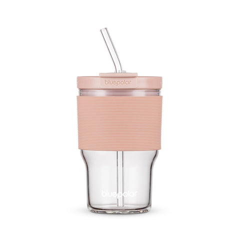 BLUEPOLAR glass bottle with pink sleeve and lid, ideal for on-the-go hydration.