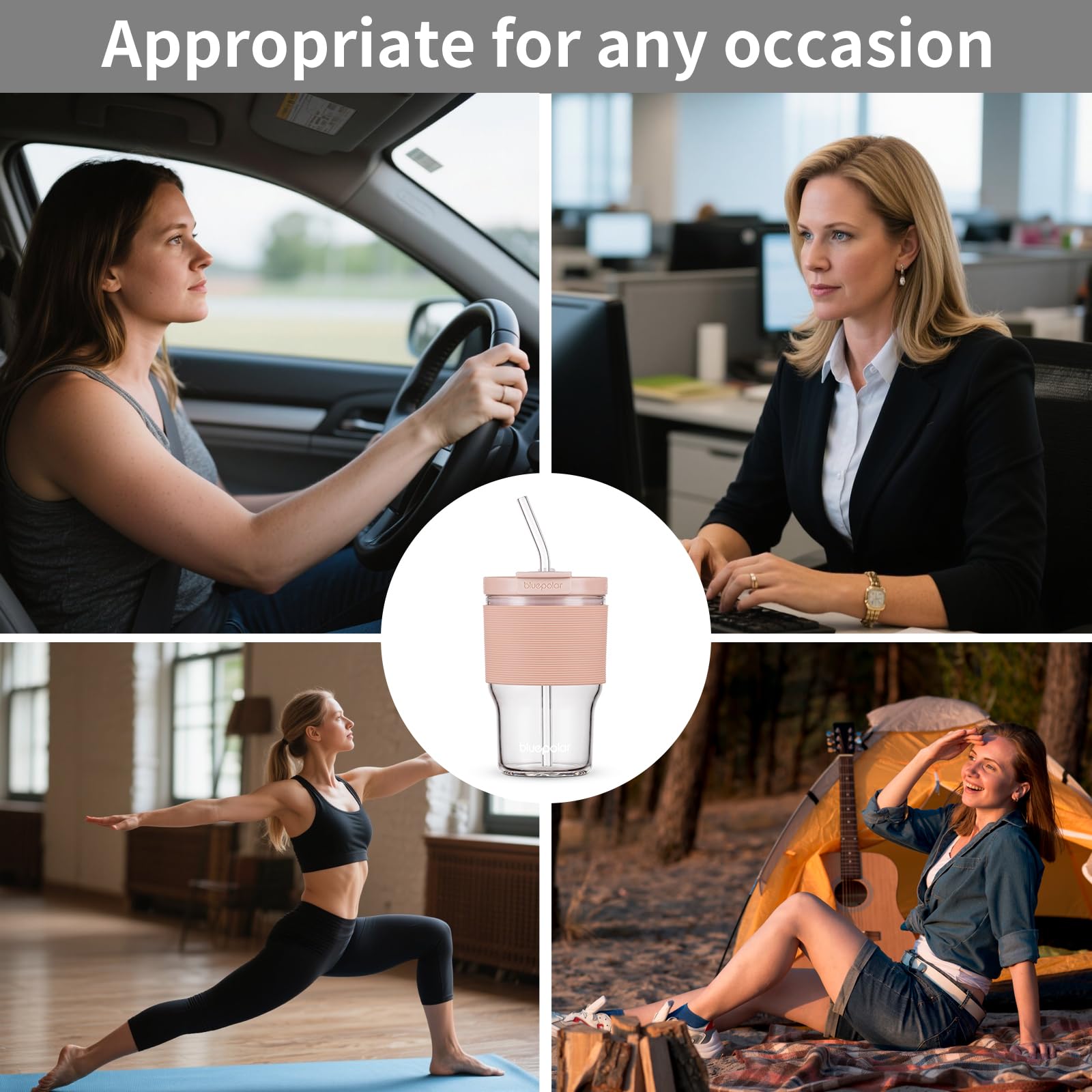 BLUEPOLAR silicone sleeve provides anti-slip grip on pink glass tumbler.
