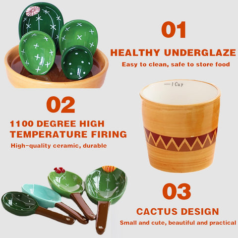 BlueSteer cactus measuring spoons cups inside view reveals readable scales for liquids.