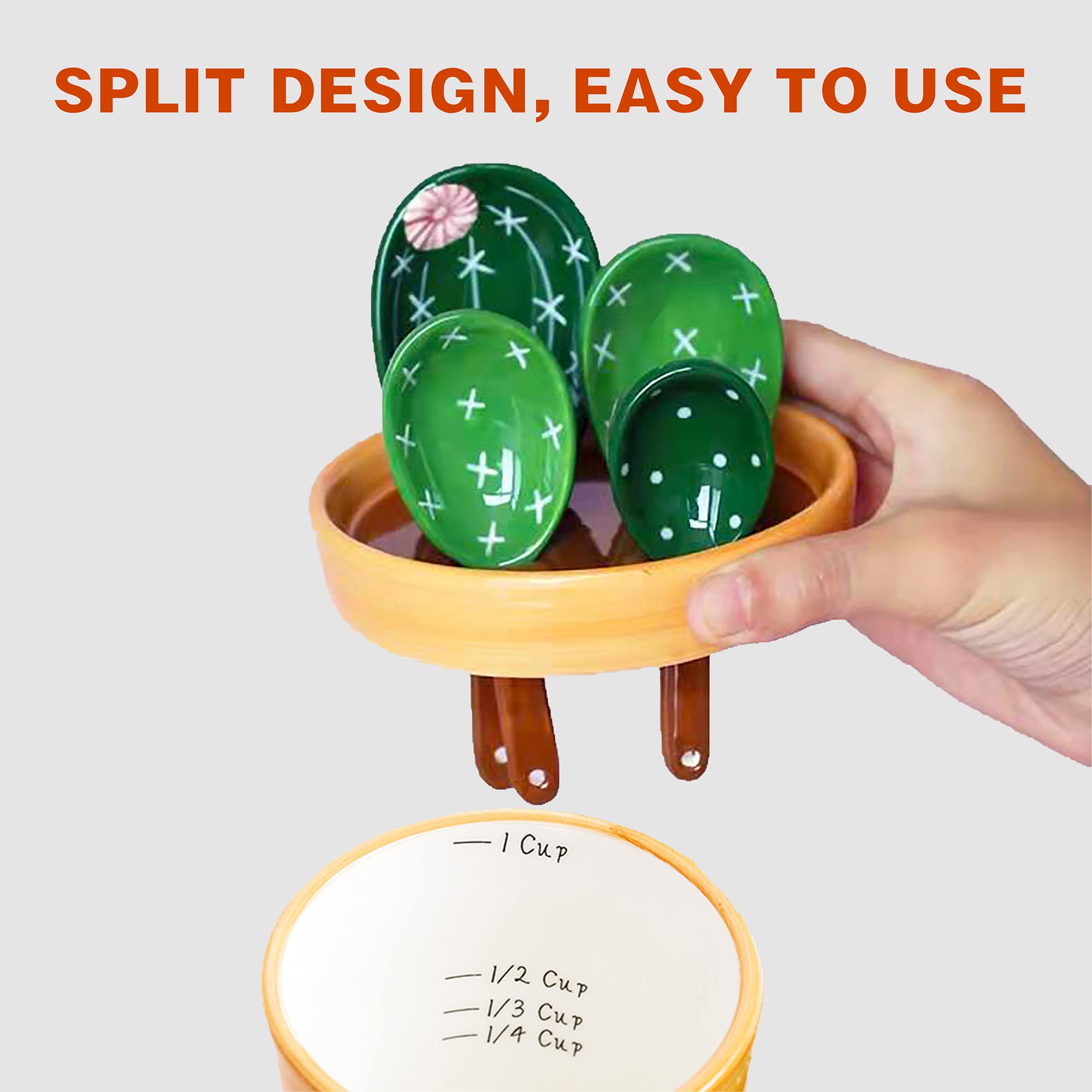 BlueSteer cactus measuring spoons holder base demonstrates neat storage on the counter.