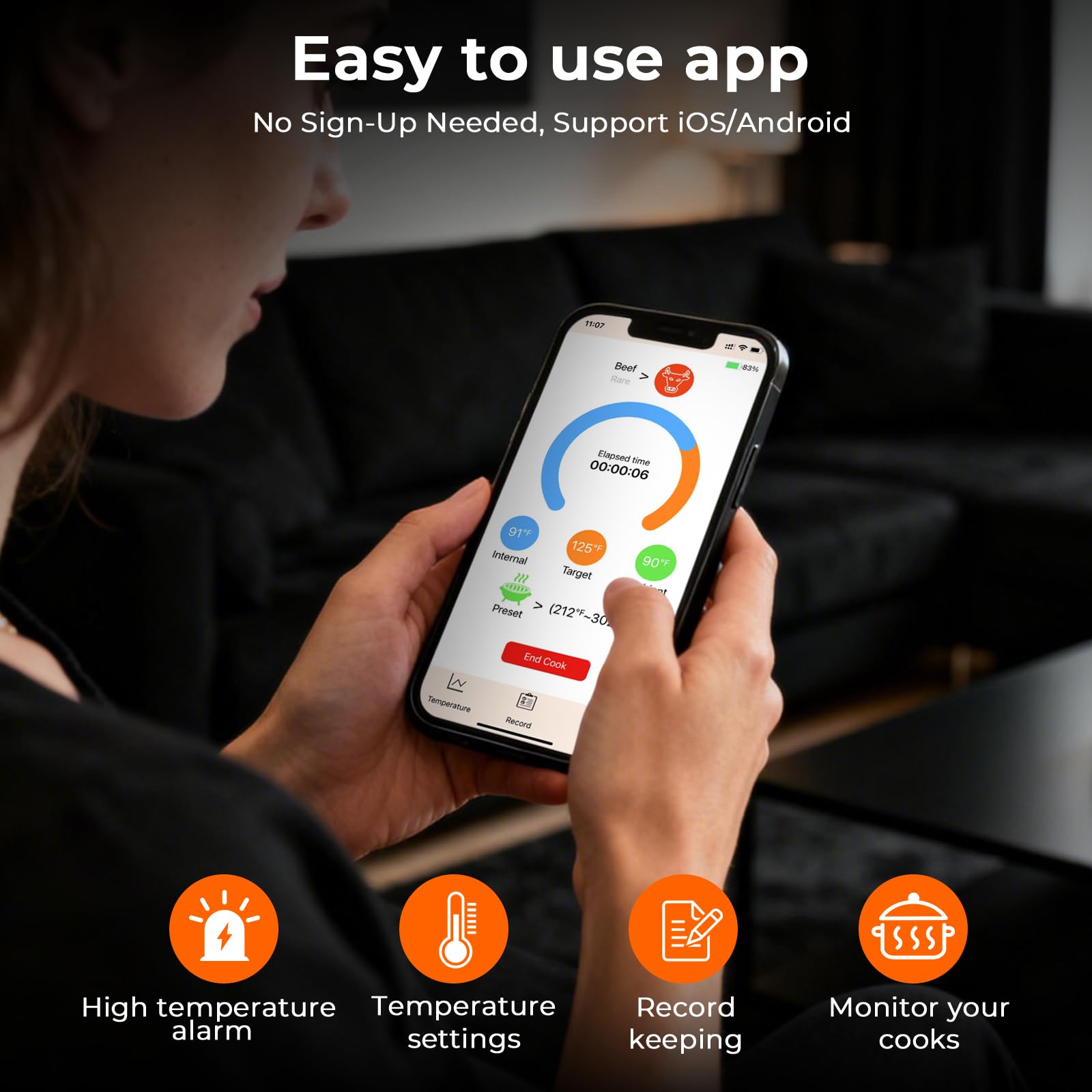BlueSwan Bluetooth connectivity reaches 820 feet for flexible indoor/outdoor cooking.