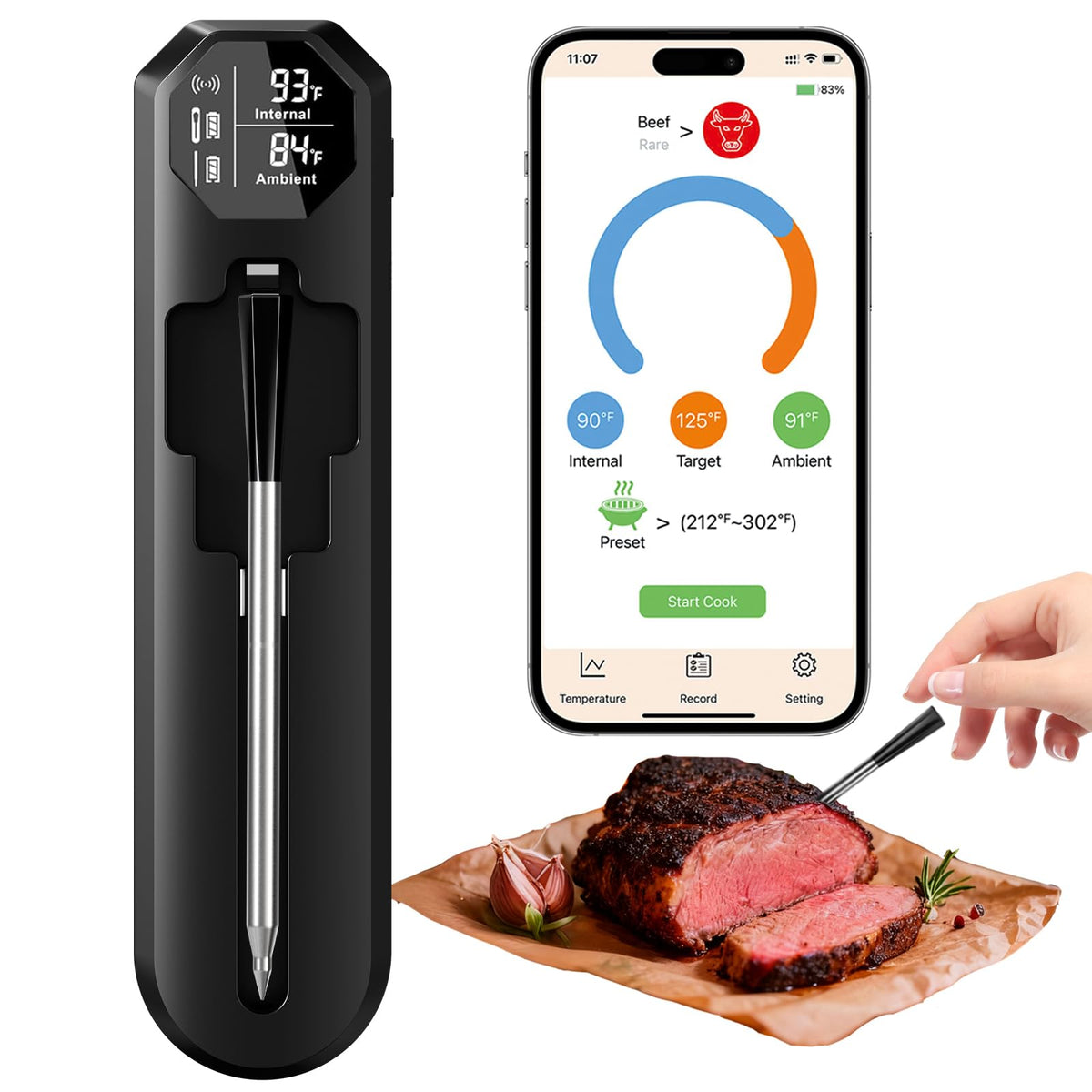 BlueSwan wireless meat thermometer probe for real-time grilling and monitoring.