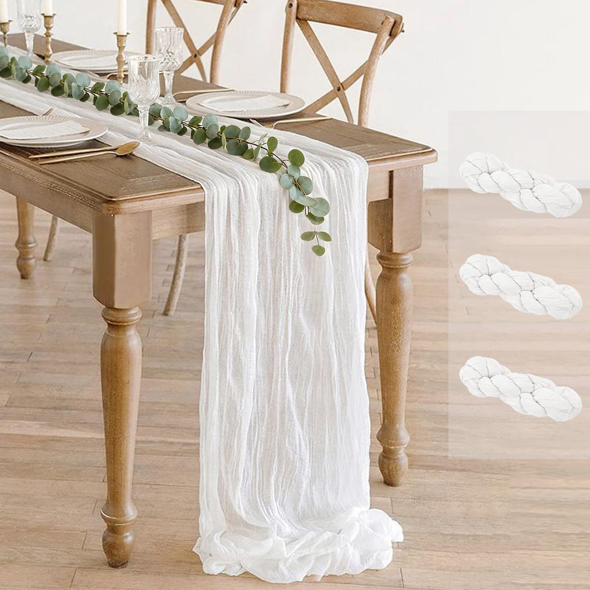 BLUETOP 3-pack white cheesecloth table runner ideal for elegant weddings.