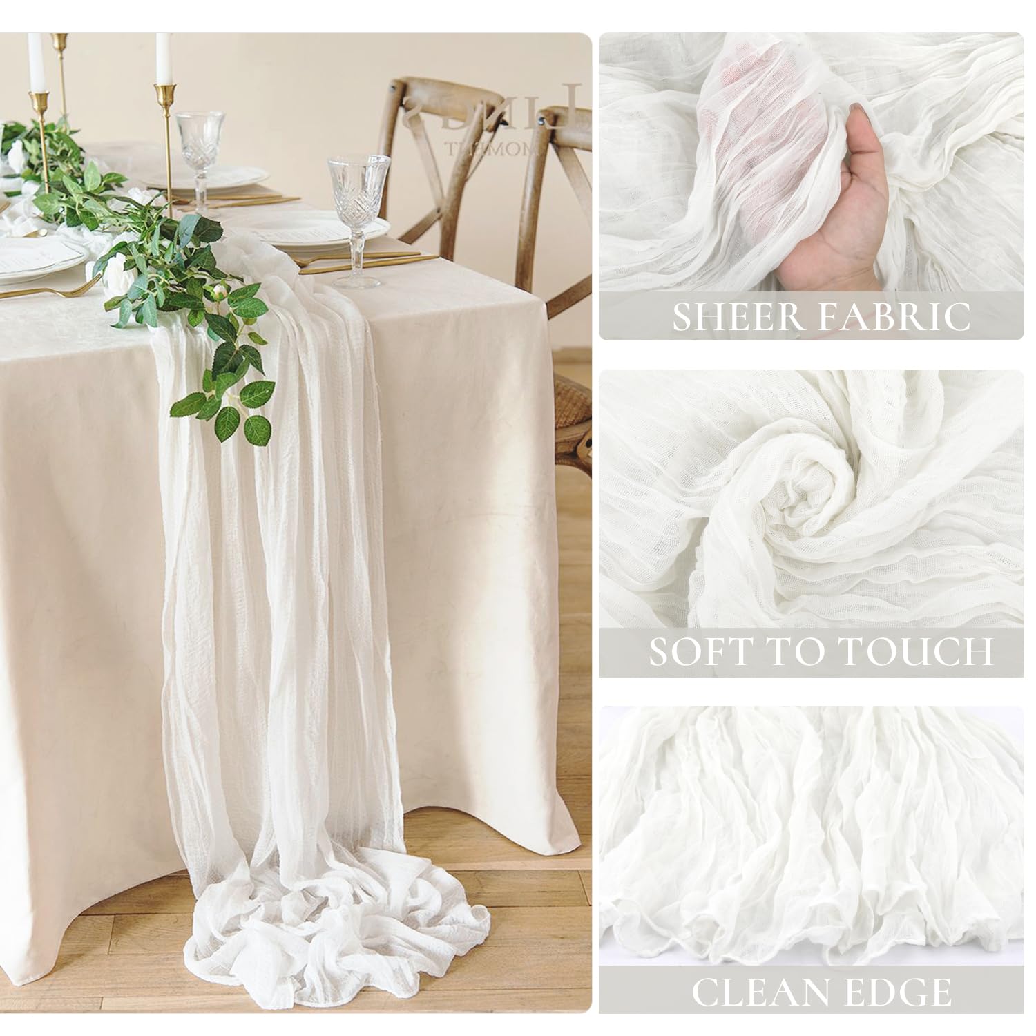 BLUETOP cheesecloth table runner in white adds sheer table decor.