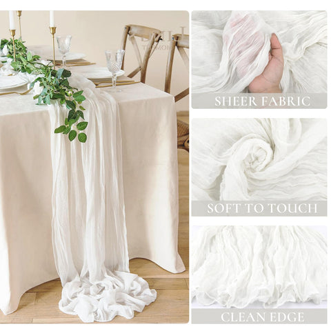 BLUETOP cheesecloth table runner in white adds sheer table decor.