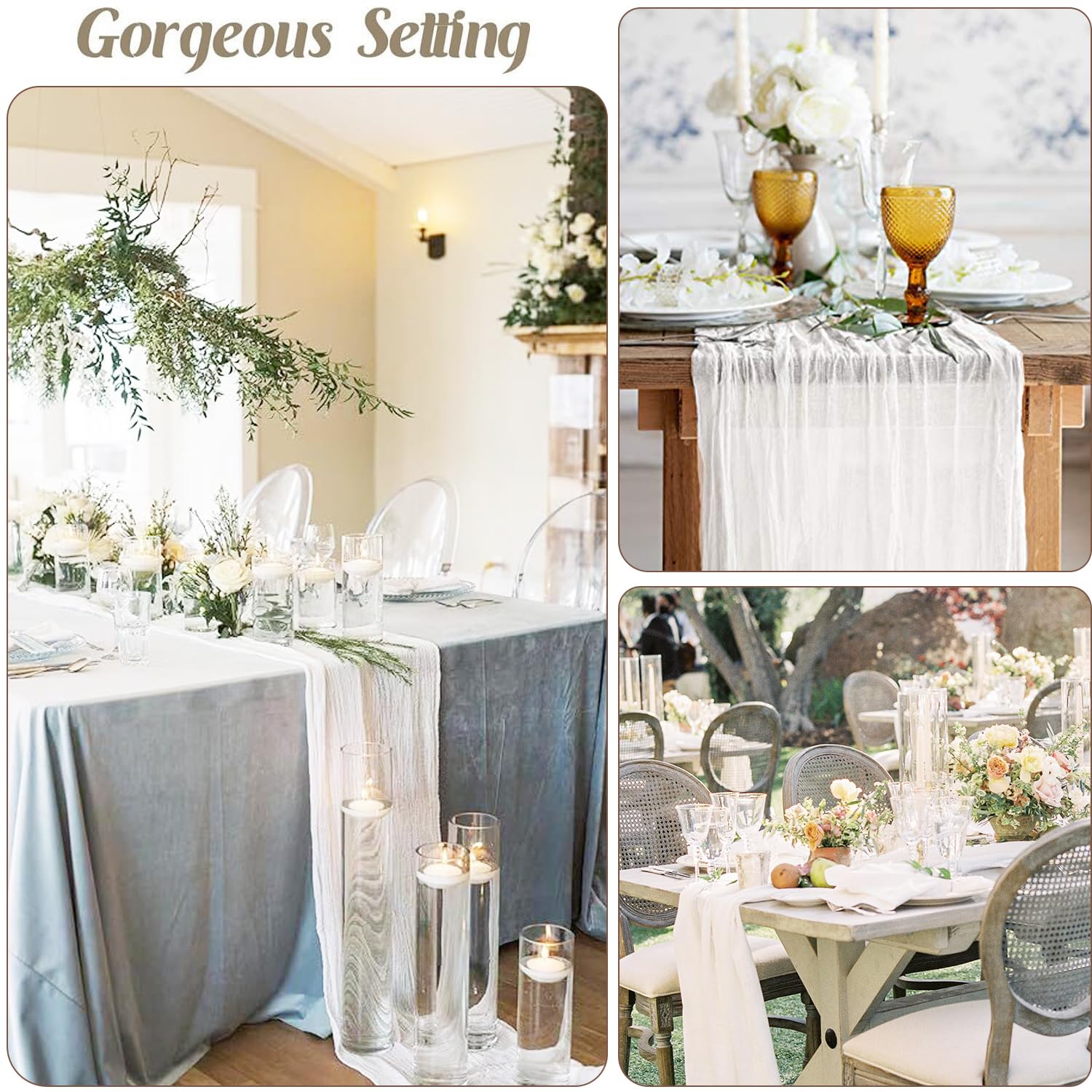 BLUETOP wedding table runner white gauze complements florals.
