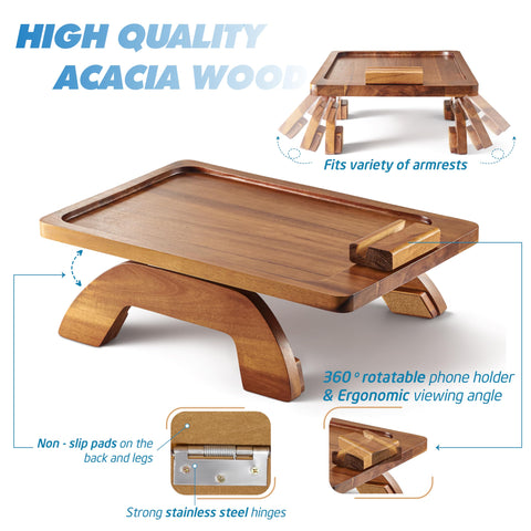 BLUEWEST clip-on arm tray on sofa demonstrates quick, tool-free installation.