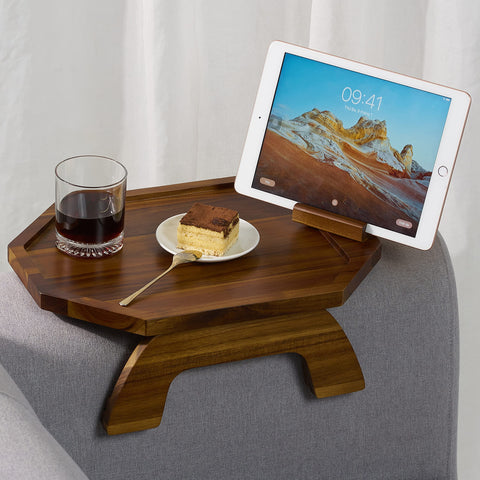 BLUEWEST sofa armrest tray in acacia wood provides a durable surface for meals and devices.
