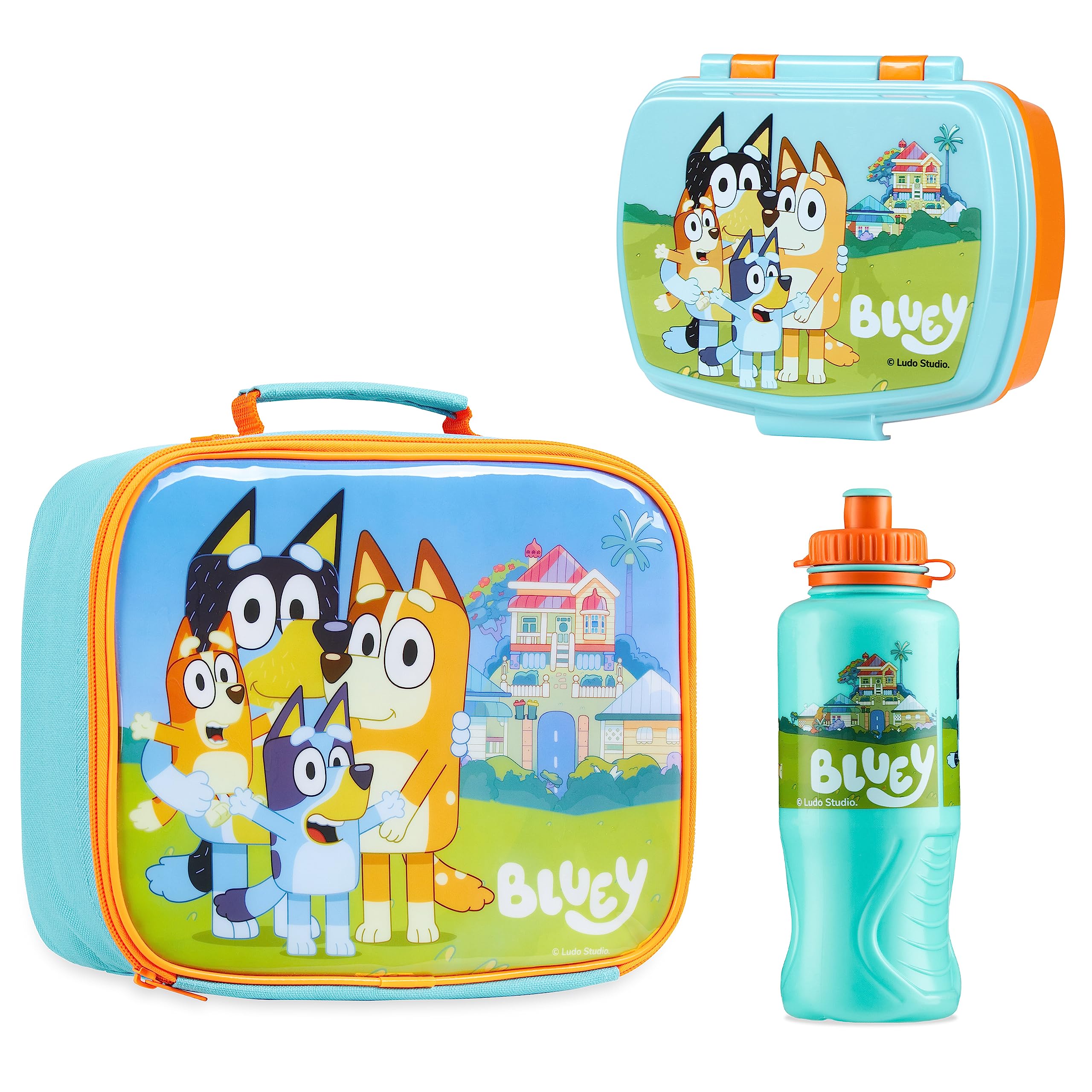 Bluey lunch box 3-piece set shown with insulated bag and bottle for on-the-go meals.