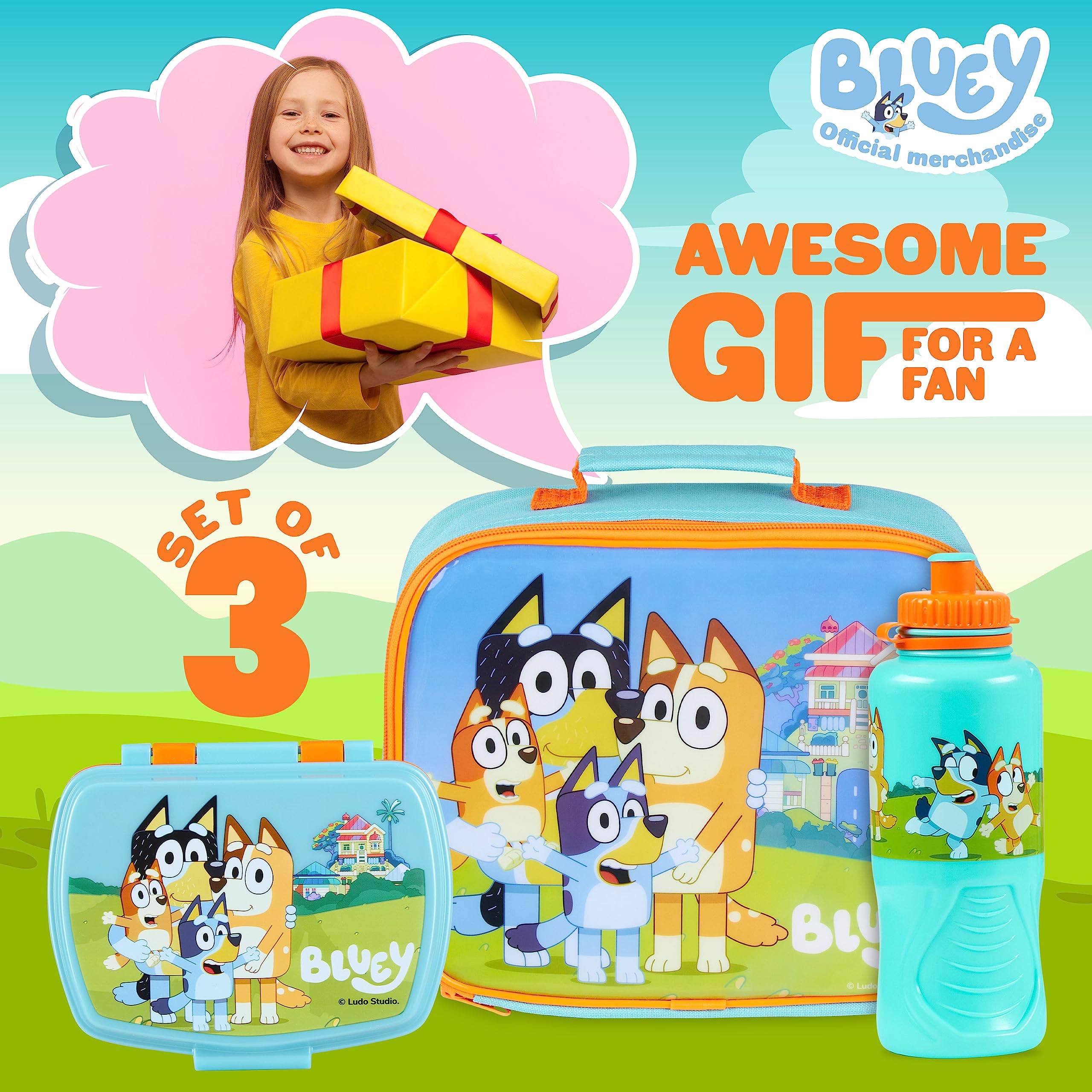 Bluey snack box designed for compact storage of sandwiches and fruit.