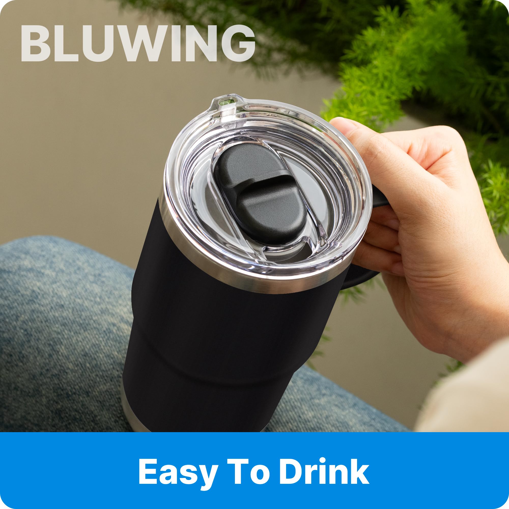 Bluwing stronghold lid slider in open position for spill-proof use