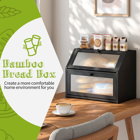BMOSU bamboo bread box interior shows two loaves with space-efficient layout.