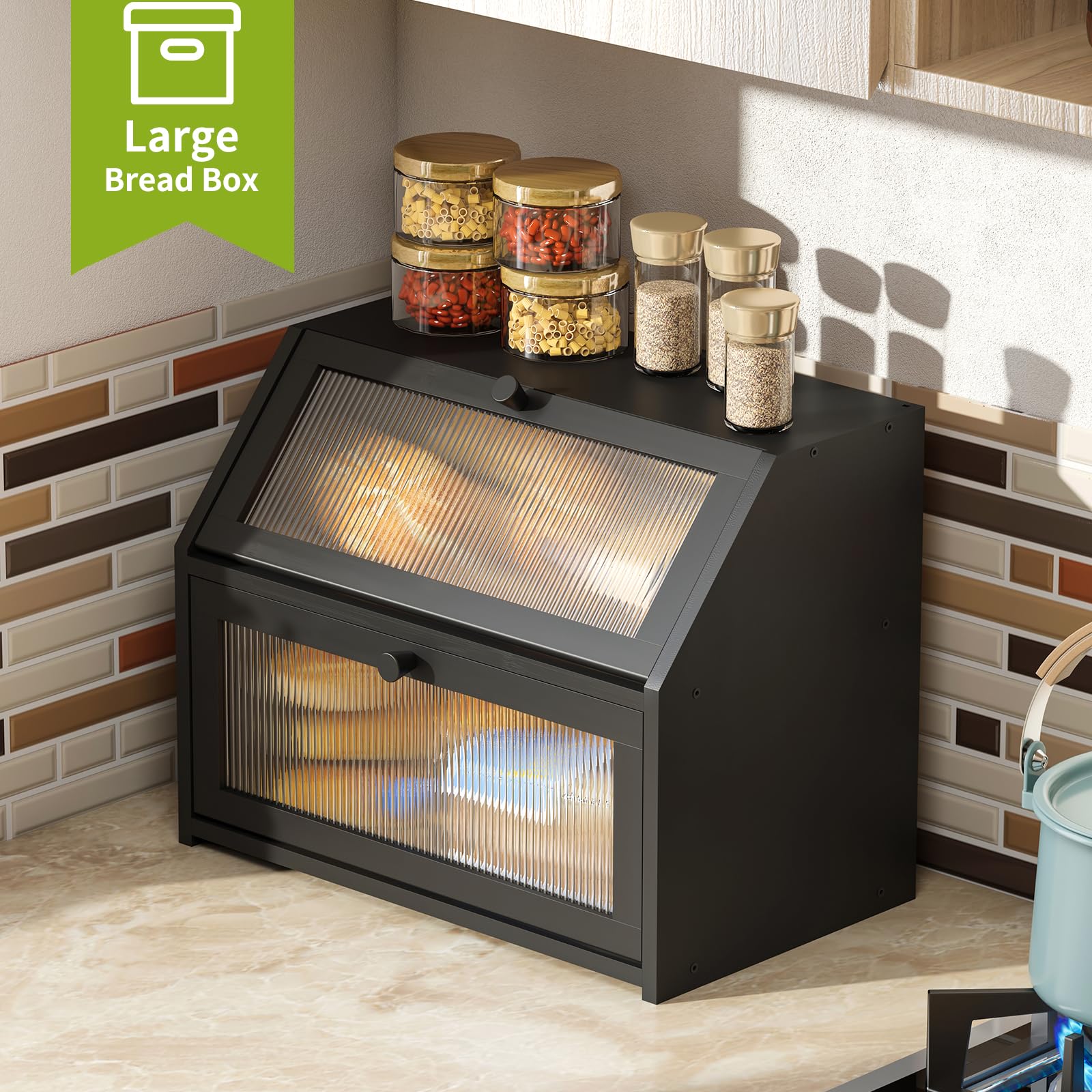 BMOSU bread box magnetic lock keeps the lid secure yet accessible.