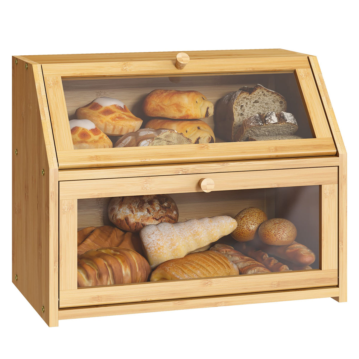 BMOSU Farmhouse bread box with double layer bamboo showing two loaves on the counter
