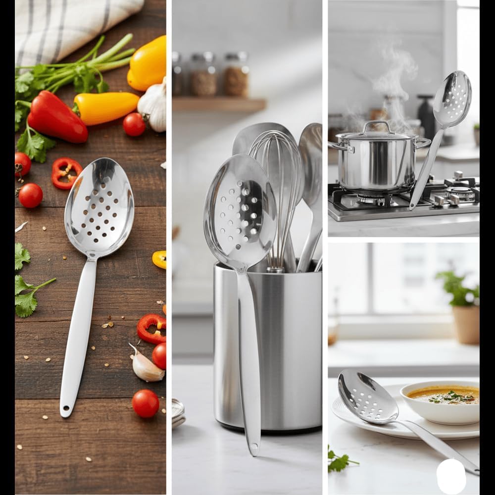 BNAZIND Chef Kunz heavy stainless steel spoon withstands daily kitchen tasks.