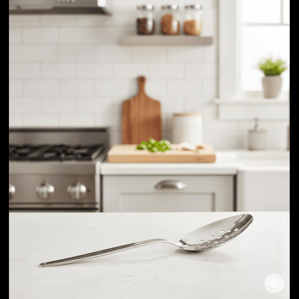 BNAZIND Kunz perforated sauce spoon highlights sauce containment while plating.