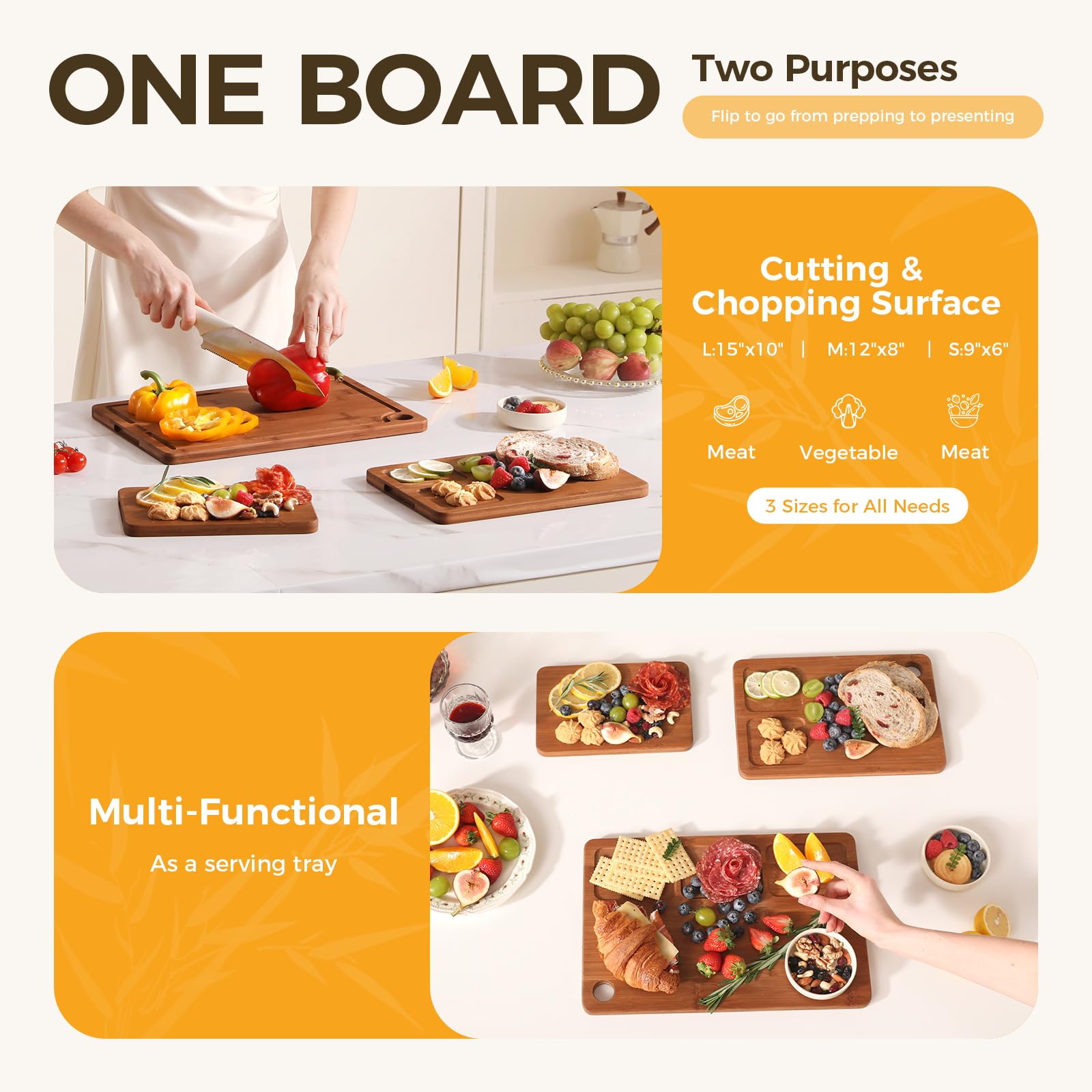 BNBUN bamboo board built-in handles for easy lifting and transferring.
