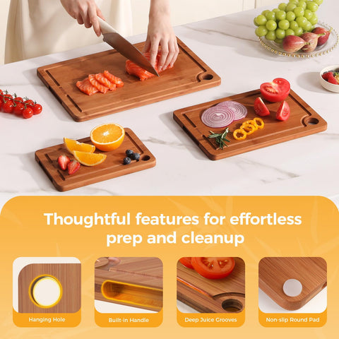 BNBUN bamboo cutting board with deep juice groove to contain liquids during chopping.