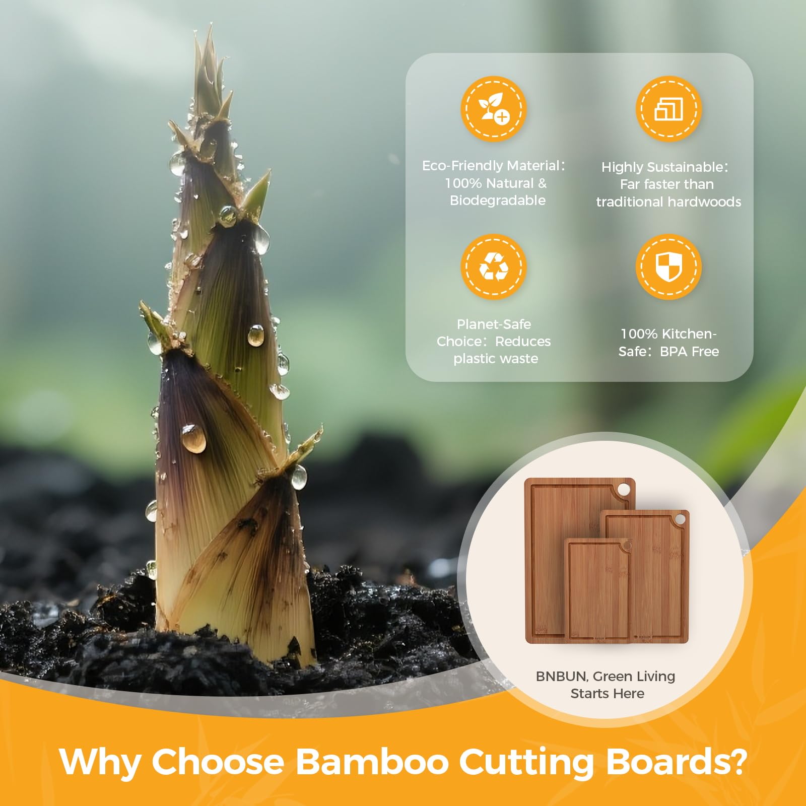 BNBUN bamboo board with non-slip pads for stable cutting on slick surfaces.