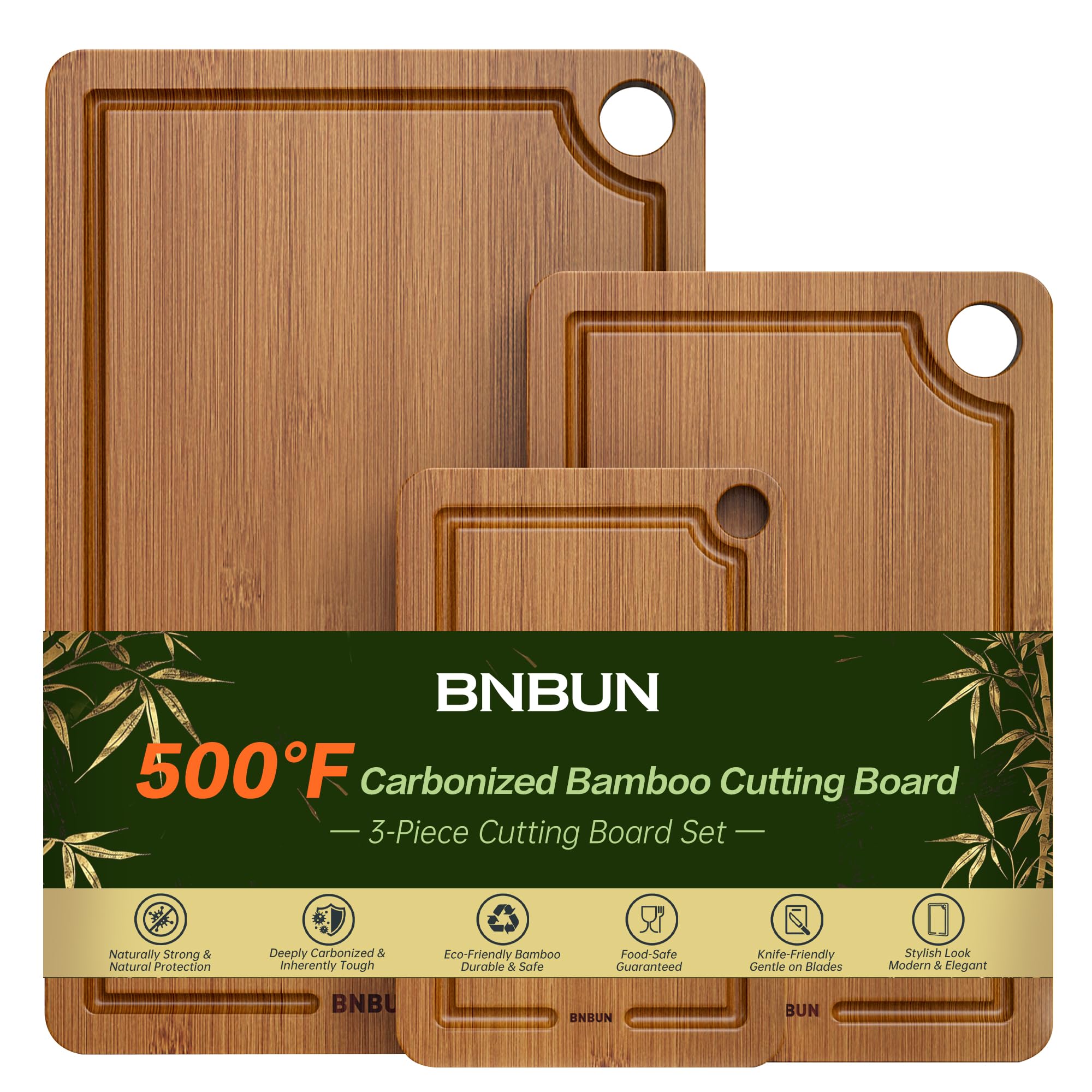BNBUN bamboo cutting board set in large size ideal for big meats and meal prep.