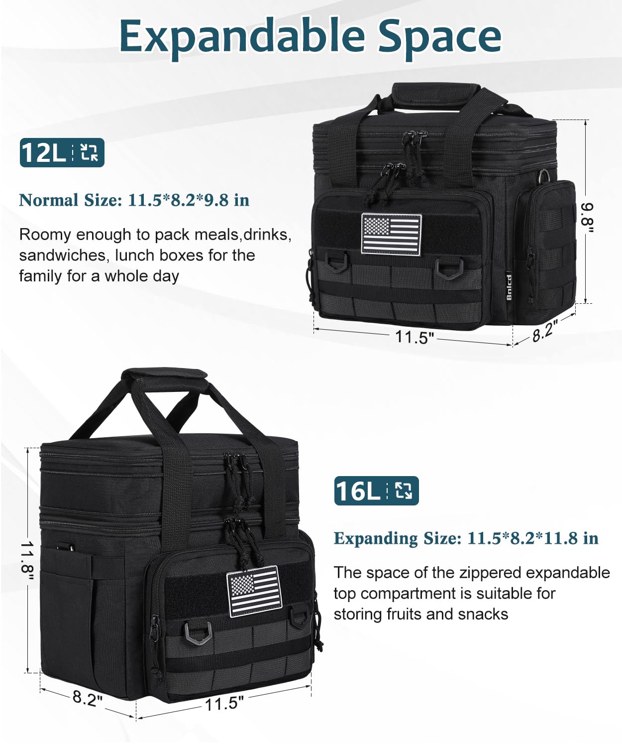 Bnlcd lunch bag extendable top layer demonstrates expanded capacity for larger meals.