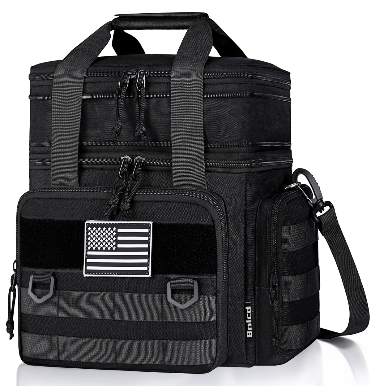 Bnlcd tactical lunch box black front view shows rugged durability for daily meals.