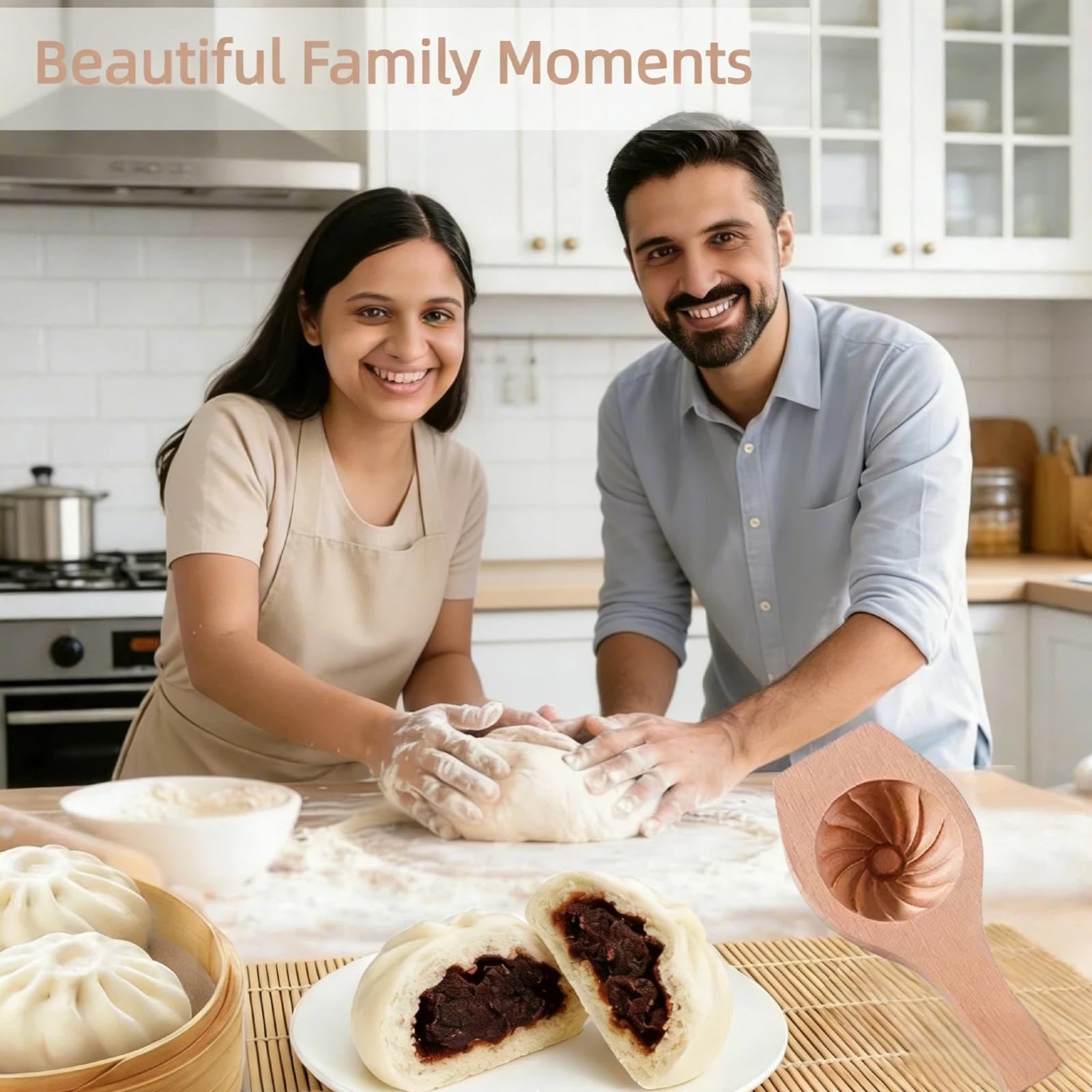 Bnrkmeb wooden steam bun mold with ergonomic handle for comfortable use.