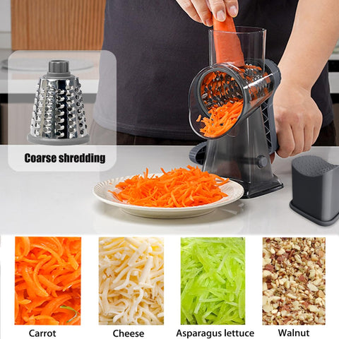 BNUNWISH three-blade drum set enables fine grating, coarse shredding, and slicing.