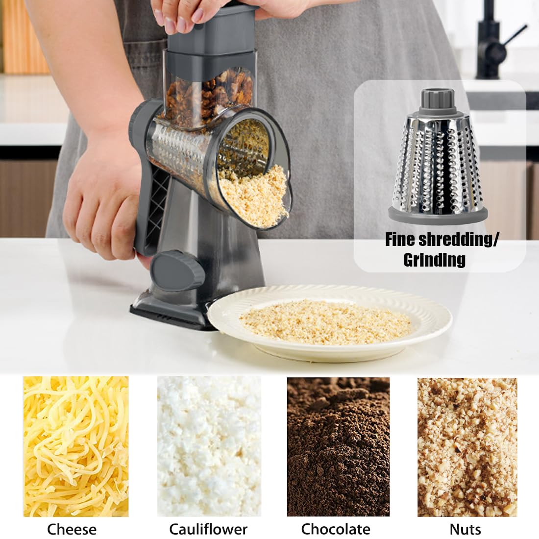 BNUNWISH unit dispenses grated cheese directly from the blade area.